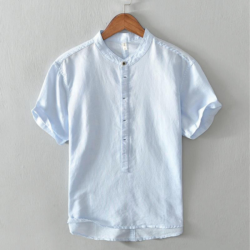 Buddha Stones Causal Simple Design Short Sleeve Cotton Linen Half Button Men's Shirt - LightSkyBlue - US/UK/AU42，EU52 (4XL) - image 9