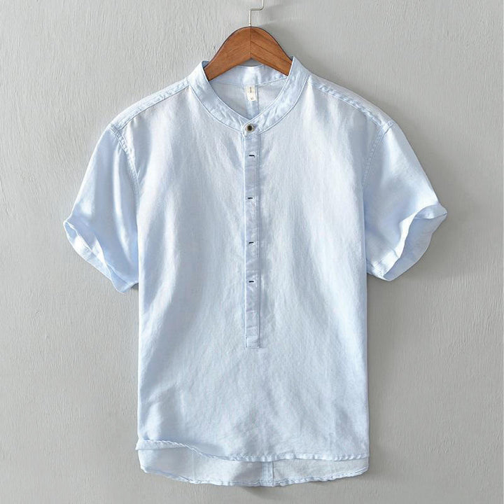 Buddha Stones Causal Simple Design Short Sleeve Cotton Linen Half Button Men's Shirt - LightSkyBlue - US/UK/AU42，EU52 (4XL) - image 9