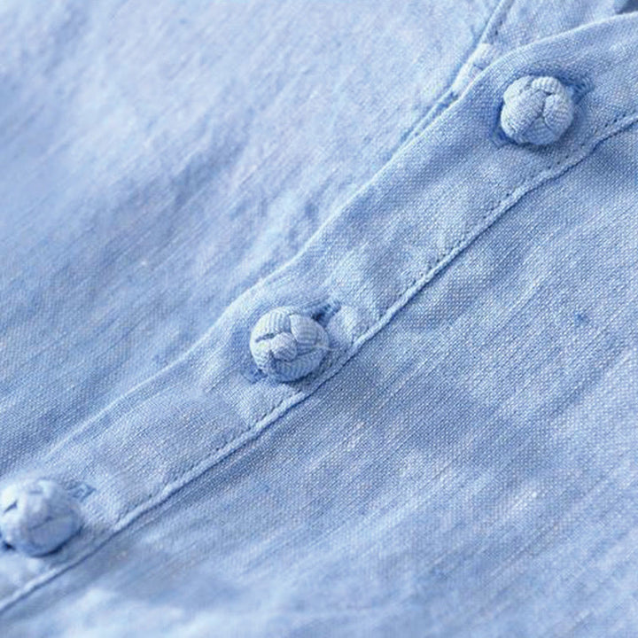 Buddha Stones Daily Solid Color Stand Collar Half Sleeve Linen Half Button Men's Shirt - image 15