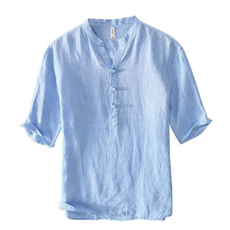Buddha Stones Daily Solid Color Stand Collar Half Sleeve Linen Half Button Men's Shirt - image 12