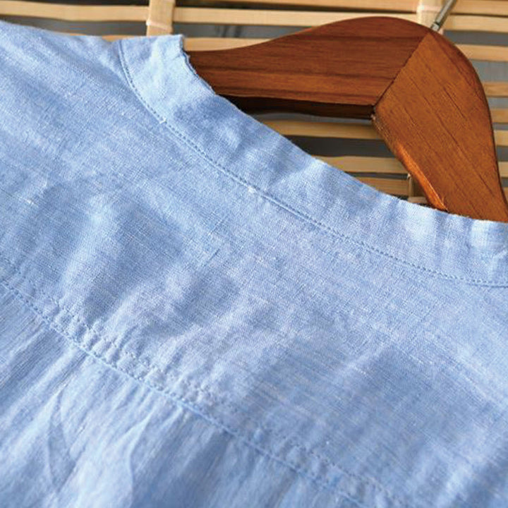 Buddha Stones Daily Solid Color Stand Collar Half Sleeve Linen Half Button Men's Shirt - image 14