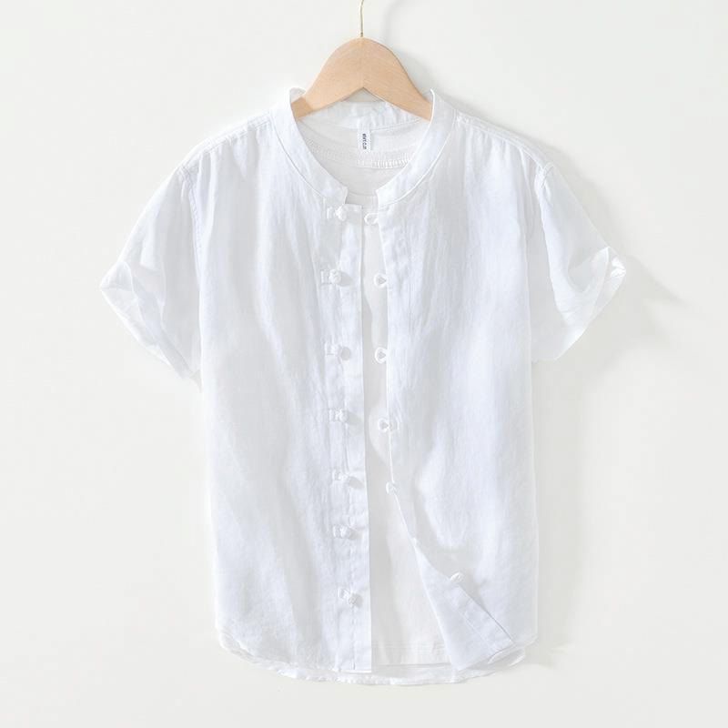 Buddha Stones Daily Frog-Button Stand Collar Short Sleeve Linen Men's Shirt - White - US/UK/AU42，EU52 (3XL) - image 6