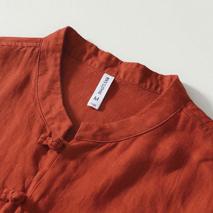 Buddha Stones Daily Frog-Button Stand Collar Short Sleeve Linen Men's Shirt - image 24