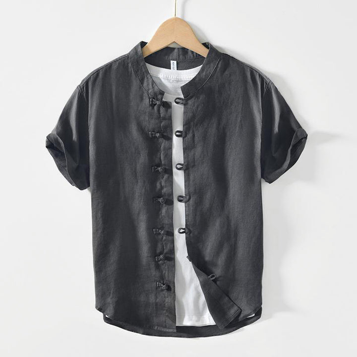 Buddha Stones Daily Frog-Button Stand Collar Short Sleeve Linen Men's Shirt - DimGray - US/UK/AU42，EU52 (3XL) - image 0