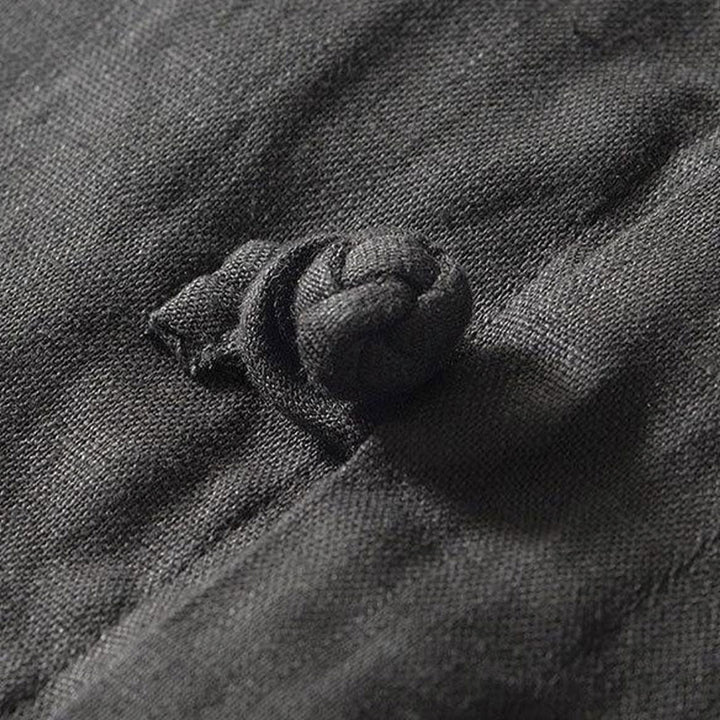 Buddha Stones Daily Frog-Button Stand Collar Short Sleeve Linen Men's Shirt - image 3