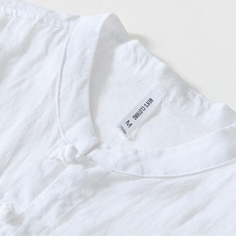 Buddha Stones Daily Frog-Button Stand Collar Short Sleeve Linen Men's Shirt - image 7