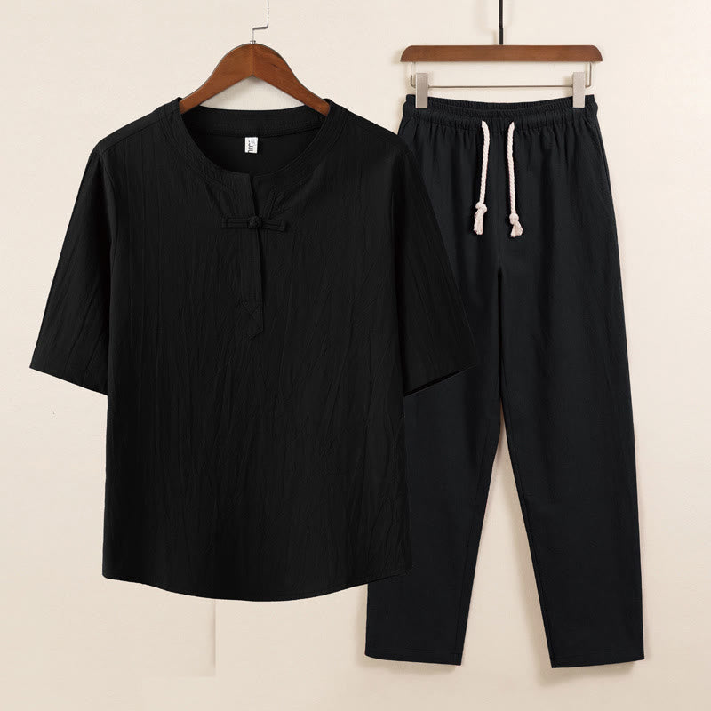 Buddha Stones 2Pcs Simple Design Chinese Frog-Button Shirt Drawstring Wide Leg Pants With Pockets Men's Meditation Cloth Set - Black Shirt Black Pants - US/UK/AU46，EU56 (5XL) - image 2