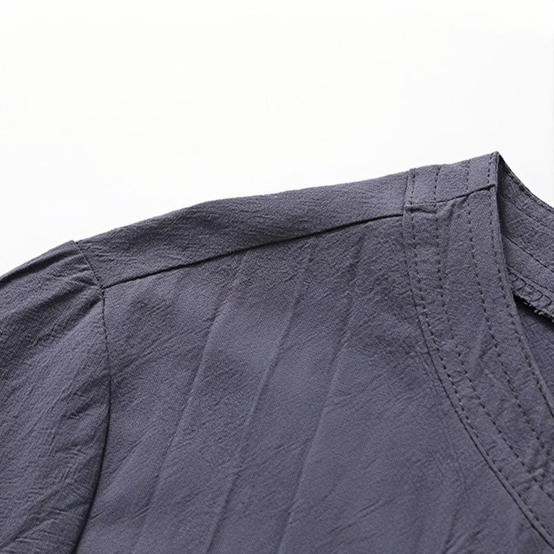 Buddha Stones 2Pcs Simple Design Chinese Frog-Button Shirt Drawstring Wide Leg Pants With Pockets Men's Meditation Cloth Set - image 12