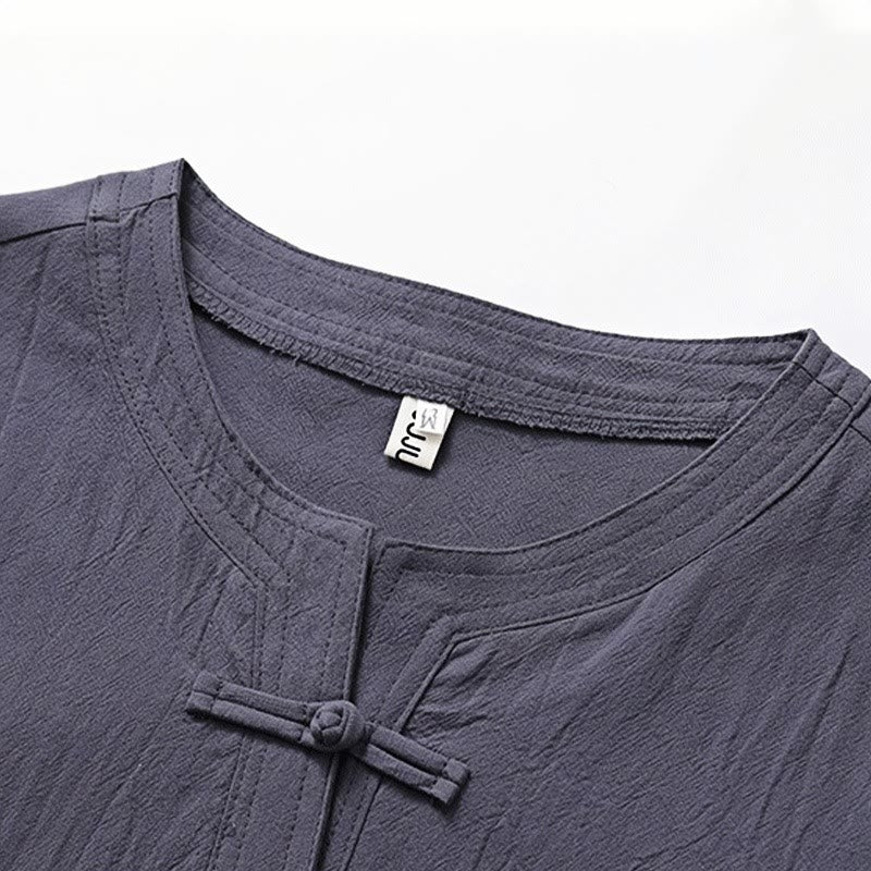 Buddha Stones 2Pcs Simple Design Chinese Frog-Button Shirt Drawstring Wide Leg Pants With Pockets Men's Meditation Cloth Set - image 9