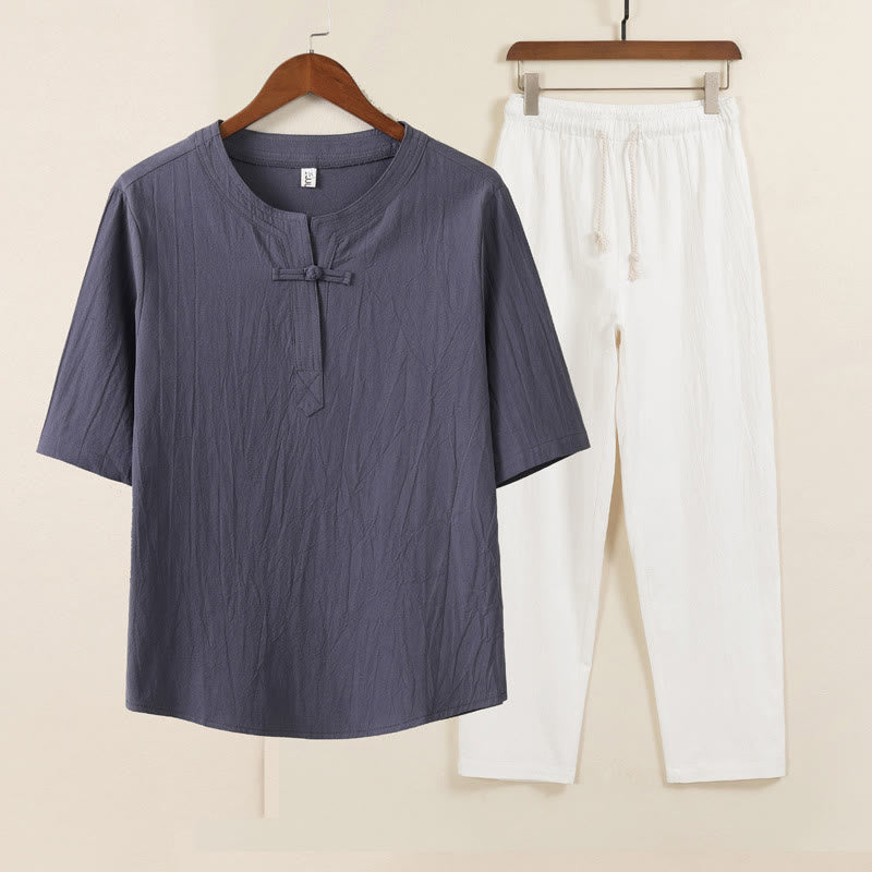 Buddha Stones 2Pcs Simple Design Chinese Frog-Button Shirt Drawstring Wide Leg Pants With Pockets Men's Meditation Cloth Set - Gray Shirt White Pants - US/UK/AU46，EU56 (5XL) - image 5