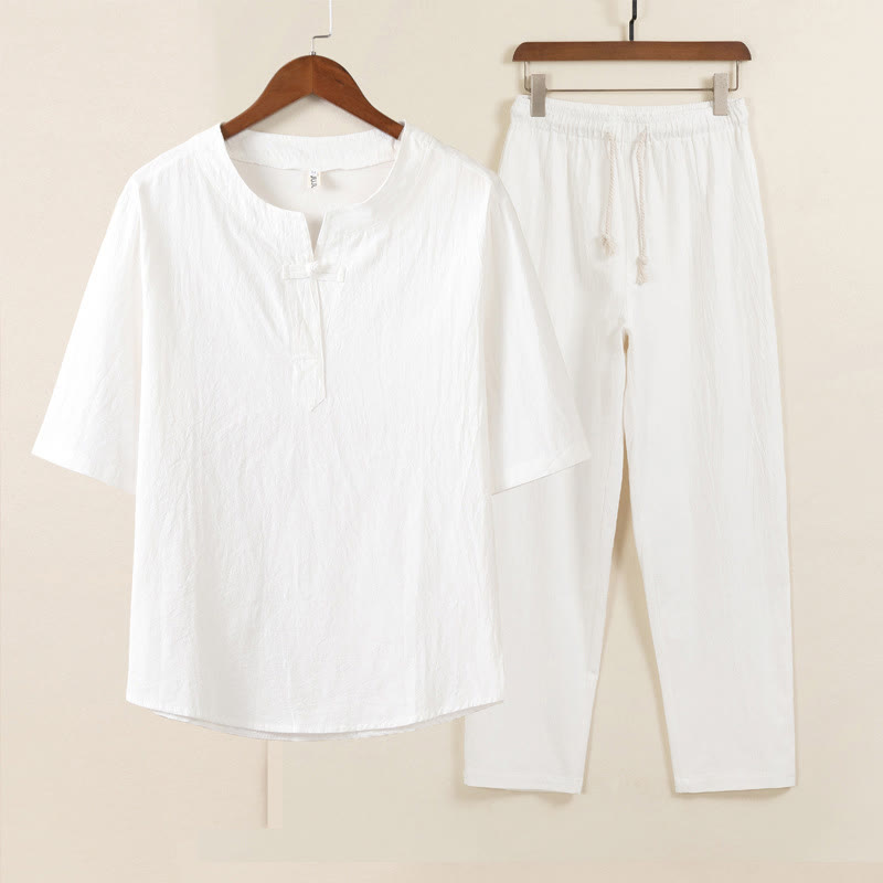 Buddha Stones 2Pcs Simple Design Chinese Frog-Button Shirt Drawstring Wide Leg Pants With Pockets Men's Meditation Cloth Set - White Shirt White Pants - US/UK/AU46，EU56 (5XL) - image 1