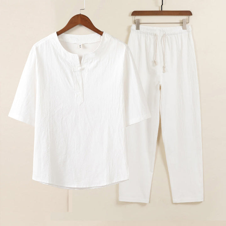 Buddha Stones 2Pcs Simple Design Chinese Frog-Button Shirt Drawstring Wide Leg Pants With Pockets Men's Meditation Cloth Set - White Shirt White Pants - US/UK/AU46，EU56 (5XL) - image 1