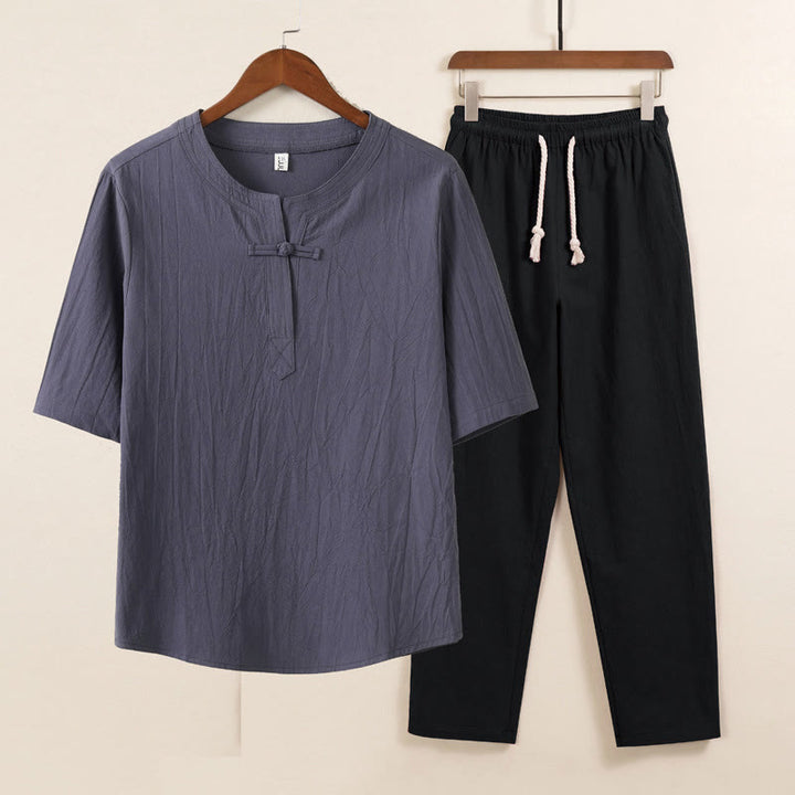 Buddha Stones 2Pcs Simple Design Chinese Frog-Button Shirt Drawstring Wide Leg Pants With Pockets Men's Meditation Cloth Set - Gray Shirt Black Pants - US/UK/AU46，EU56 (5XL) - image 0