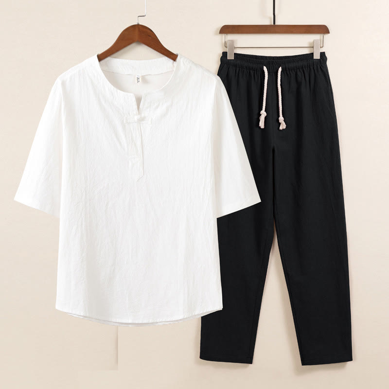 Buddha Stones 2Pcs Simple Design Chinese Frog-Button Shirt Drawstring Wide Leg Pants With Pockets Men's Meditation Cloth Set - White Shirt Black Pants - US/UK/AU46，EU56 (5XL) - image 3