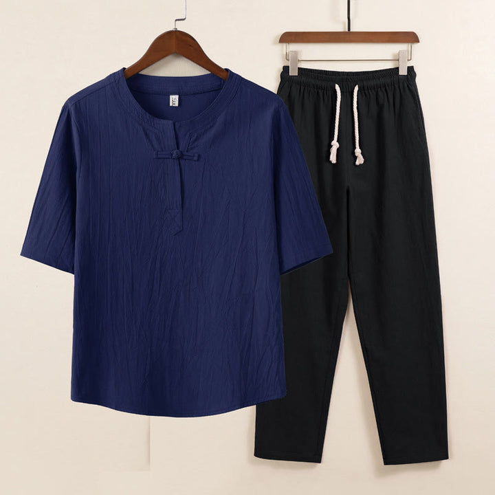 Buddha Stones 2Pcs Simple Design Chinese Frog-Button Shirt Drawstring Wide Leg Pants With Pockets Men's Meditation Cloth Set - Blue Shirt Black Pants - US/UK/AU46，EU56 (5XL) - image 6