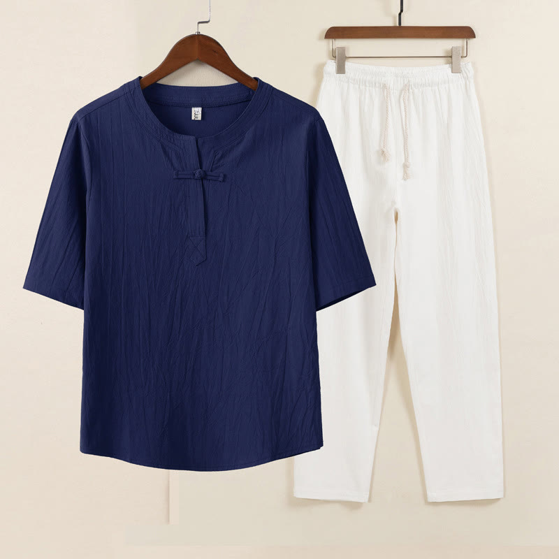 Buddha Stones 2Pcs Simple Design Chinese Frog-Button Shirt Drawstring Wide Leg Pants With Pockets Men's Meditation Cloth Set - Blue Shirt White Pants - US/UK/AU46，EU56 (5XL) - image 7