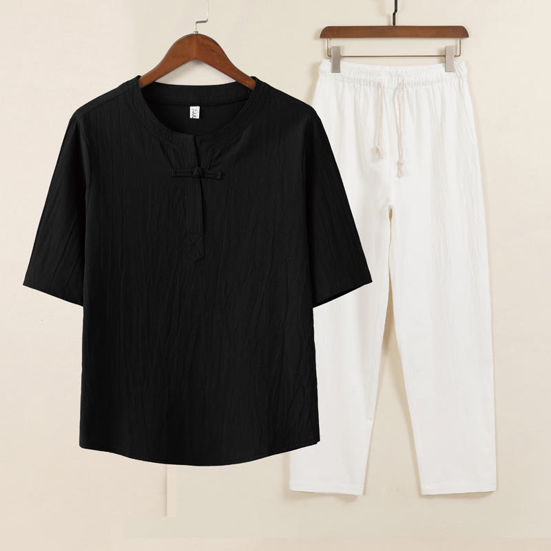 Buddha Stones 2Pcs Simple Design Chinese Frog-Button Shirt Drawstring Wide Leg Pants With Pockets Men's Meditation Cloth Set - Black Shirt White Pants - US/UK/AU46，EU56 (5XL) - image 4