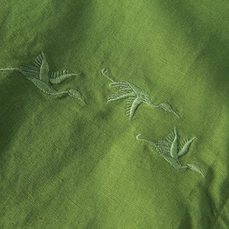 Buddha Stones Soft Embroidery Crane Pattern Stand Collar Cotton Linen Half Button Men's Shirt - image 13