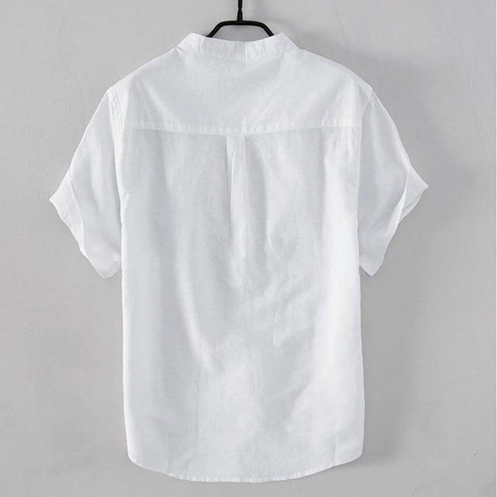 Buddha Stones Soft Embroidery Crane Pattern Stand Collar Cotton Linen Half Button Men's Shirt - image 2