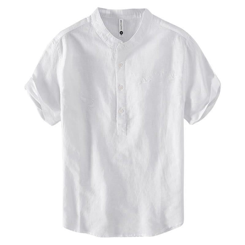 Buddha Stones Soft Embroidery Crane Pattern Stand Collar Cotton Linen Half Button Men's Shirt - image 8