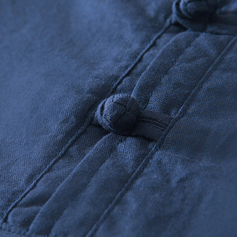 Buddha Stones Soft Plain Frog-button Crew Neck Cotton Linen Half Button Men's Shirt - image 8