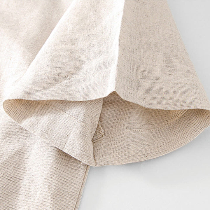 Buddha Stones Soft Plain Frog-button Crew Neck Cotton Linen Half Button Men's Shirt - image 3