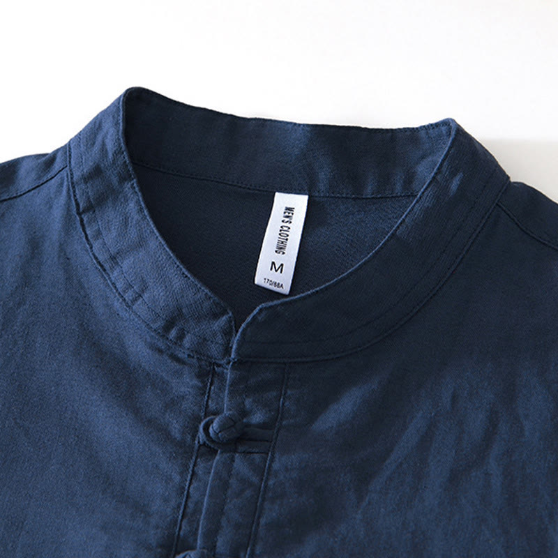 Buddha Stones Soft Plain Frog-button Crew Neck Cotton Linen Half Button Men's Shirt - image 7