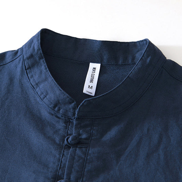 Buddha Stones Soft Plain Frog-button Crew Neck Cotton Linen Half Button Men's Shirt - image 7