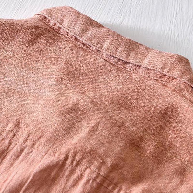 Buddha Stones Simple Design Short Sleeve Lapel Linen Half Button Men's Shirt - image 14