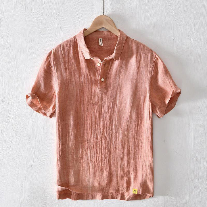 Buddha Stones Simple Design Short Sleeve Lapel Linen Half Button Men's Shirt - Coral - US/UK/AU42，EU52 (3XL) - image 11