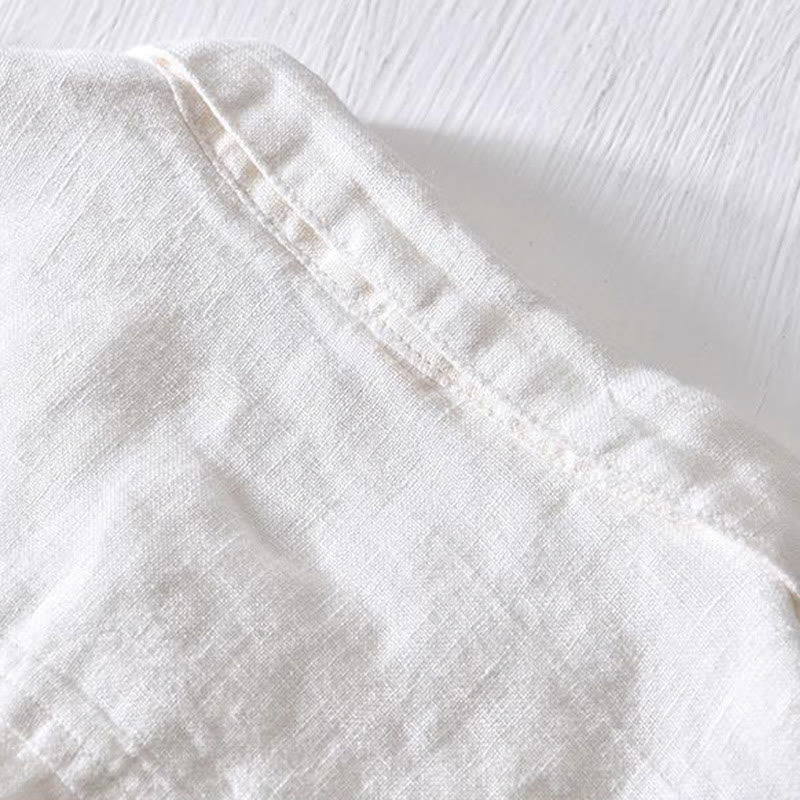 Buddha Stones Simple Design Short Sleeve Lapel Linen Half Button Men's Shirt - image 6