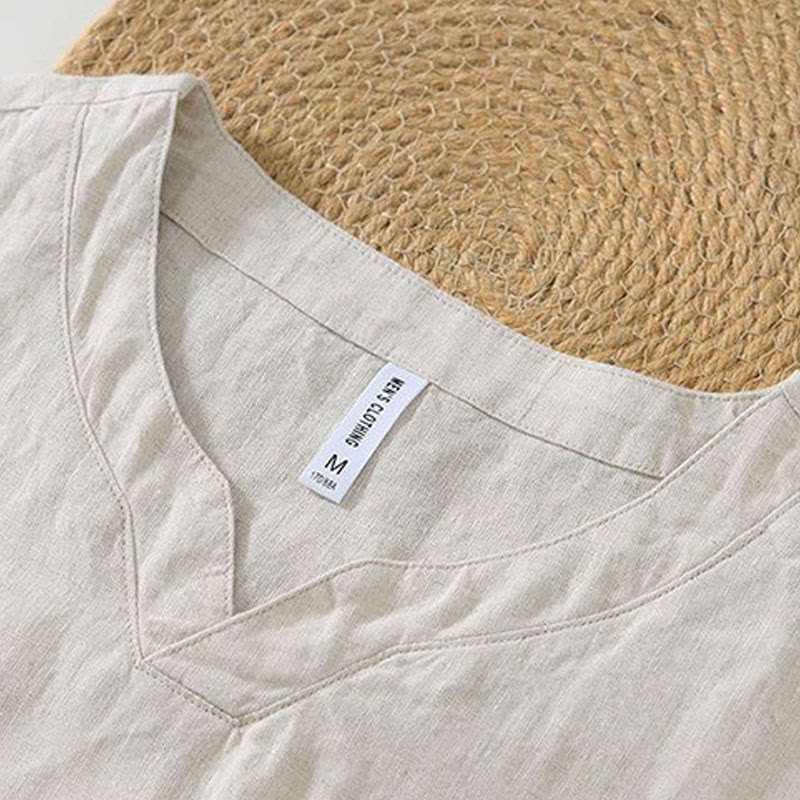 Buddha Stones Casual Plain V-neck Short Sleeve Linen Men's Shirt - image 1