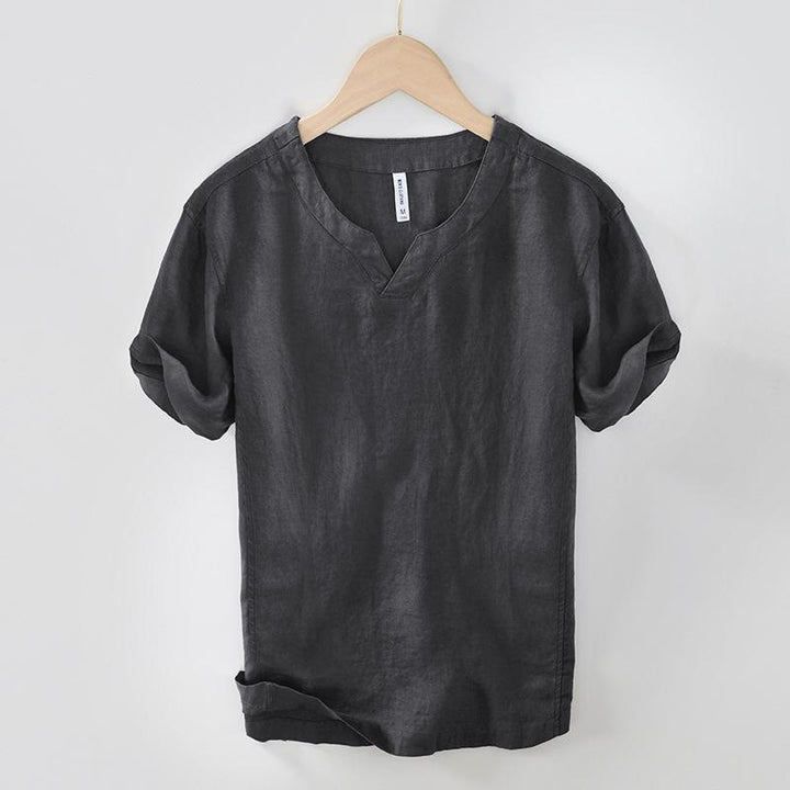 Buddha Stones Casual Plain V-neck Short Sleeve Linen Men's Shirt - DimGray - US/UK/AU42，EU52 (3XL) - image 16