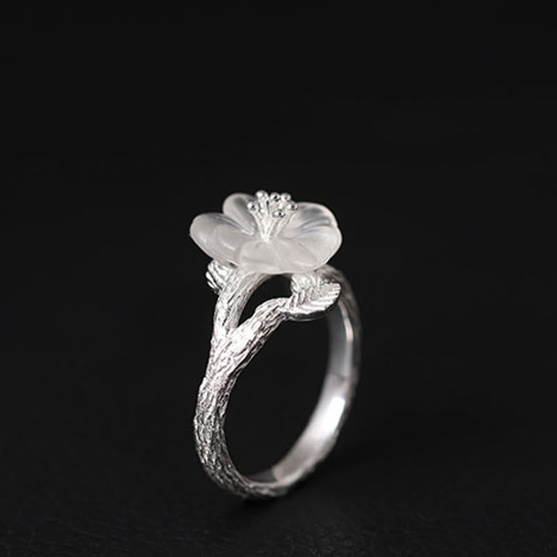 Buddha Stones 925 Sterling Silver White Crystal Skeleton Flower Adjustable Healing Ring - image 2
