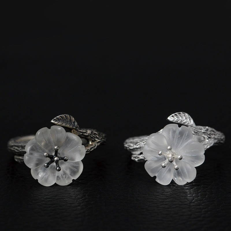 Buddha Stones 925 Sterling Silver White Crystal Skeleton Flower Adjustable Healing Ring - image 1