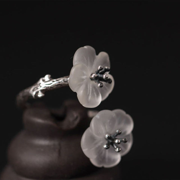 Buddha Stones 925 Sterling Silver White Crystal Double Plum Blossom Flower Adjustable Protection Ring - image 12