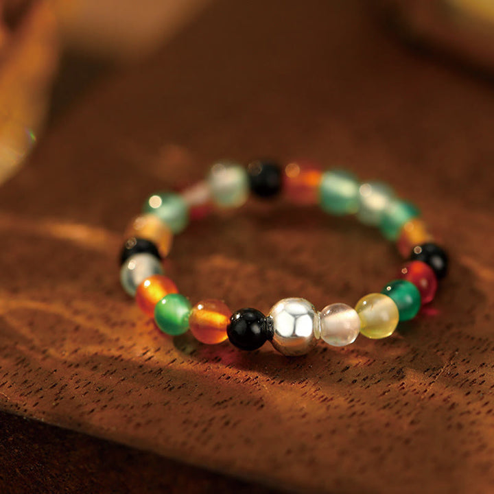 Buddha Stones 925 Sterling Silver Crystal Beads White Jade Black Onyx Blessing Elastic Ring - Colored Agate - Elastic String - image 29