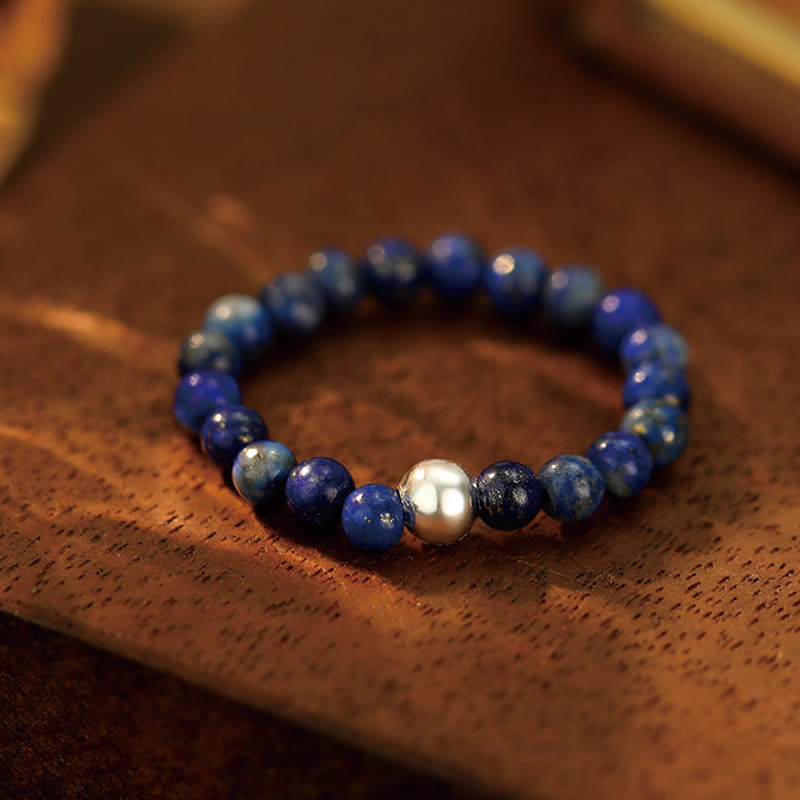 Buddha Stones 925 Sterling Silver Crystal Beads White Jade Black Onyx Blessing Elastic Ring - Lazurite - Elastic String - image 32