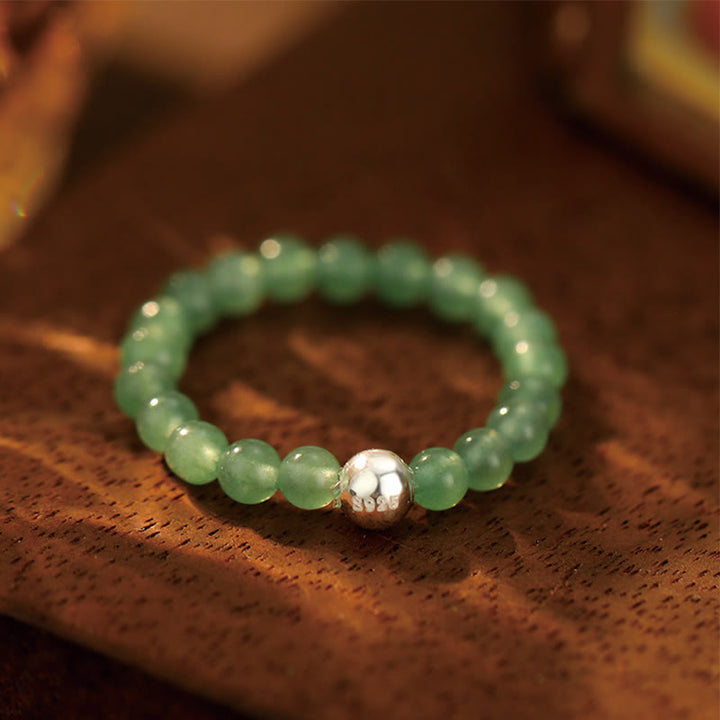 Buddha Stones 925 Sterling Silver Crystal Beads White Jade Black Onyx Blessing Elastic Ring - Green Aventurine - Elastic String - image 36