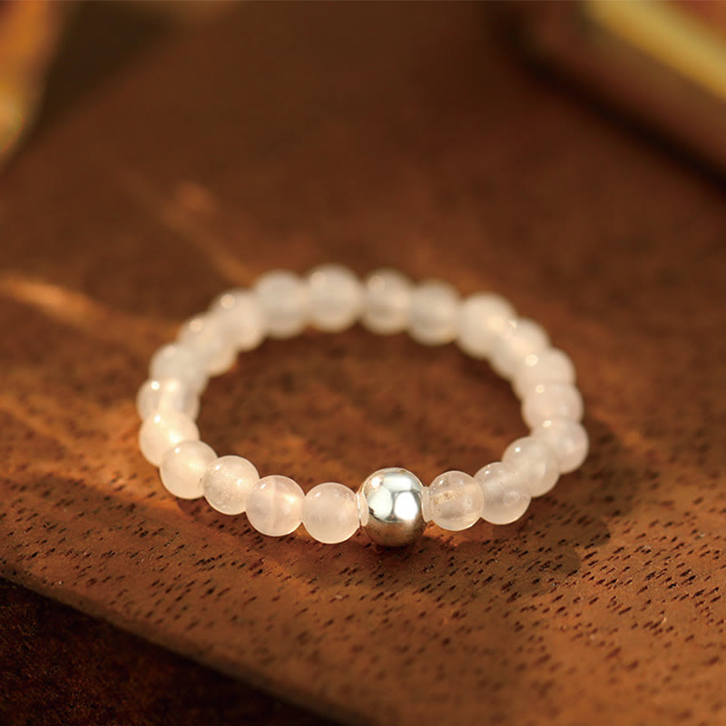 Buddha Stones 925 Sterling Silver Crystal Beads White Jade Black Onyx Blessing Elastic Ring - White Jade - Elastic String - image 1