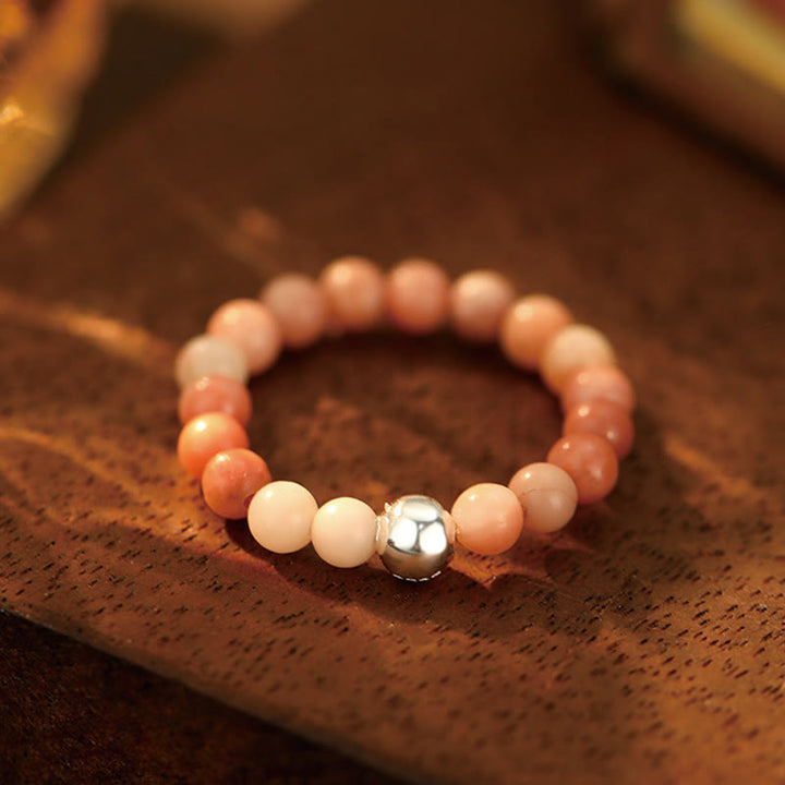 Buddha Stones 925 Sterling Silver Crystal Beads White Jade Black Onyx Blessing Elastic Ring - Pink Aventurine - Elastic String - image 6