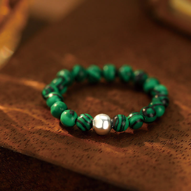 Buddha Stones 925 Sterling Silver Crystal Beads White Jade Black Onyx Blessing Elastic Ring - Malachite - Elastic String - image 13