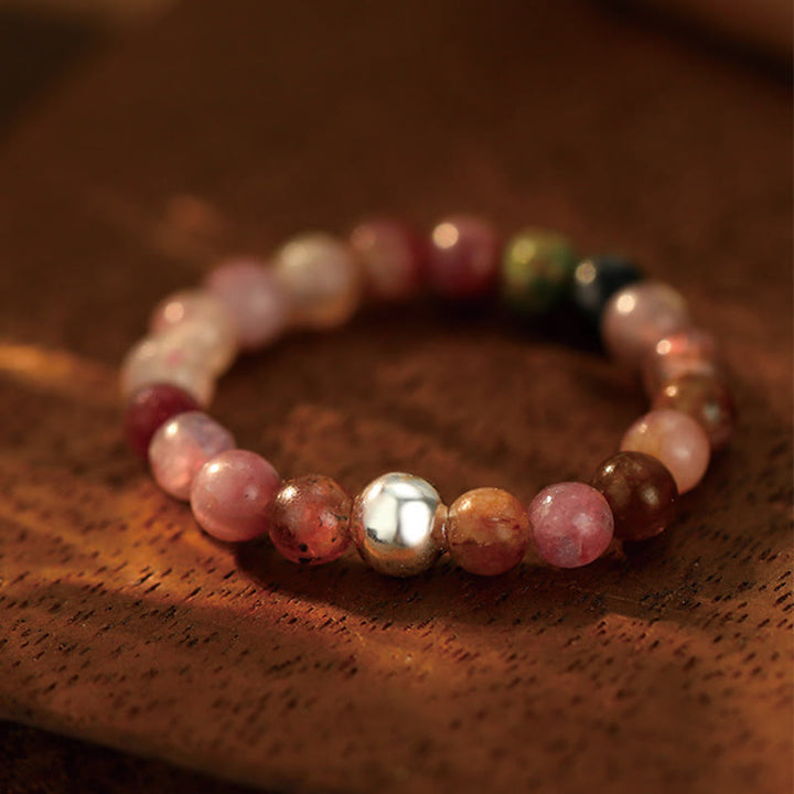 Buddha Stones 925 Sterling Silver Crystal Beads White Jade Black Onyx Blessing Elastic Ring - Tourmaline - Elastic String - image 25