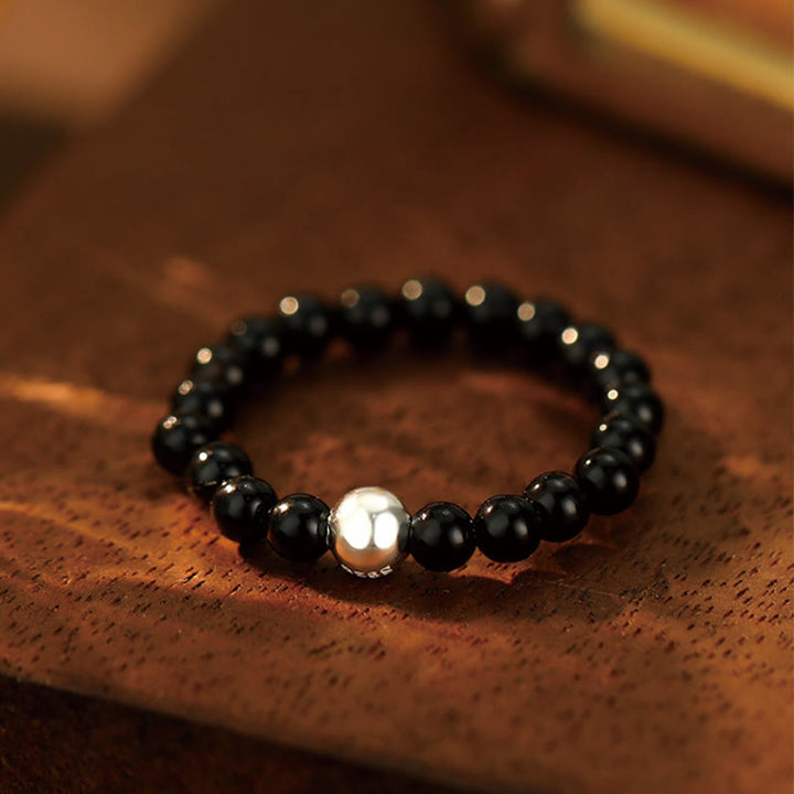 Buddha Stones 925 Sterling Silver Crystal Beads White Jade Black Onyx Blessing Elastic Ring - Black Onyx - Elastic String - image 4