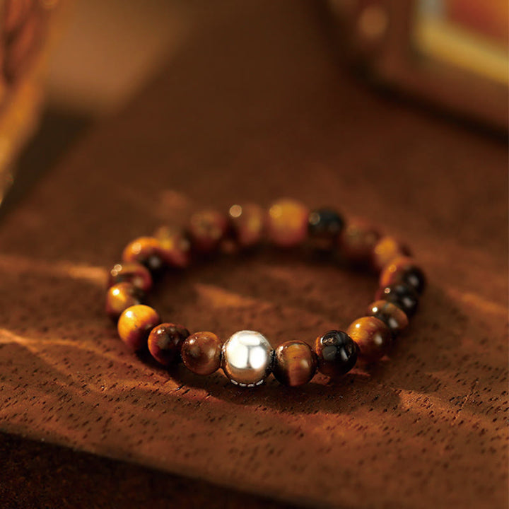 Buddha Stones 925 Sterling Silver Crystal Beads White Jade Black Onyx Blessing Elastic Ring - Tiger Eye - Elastic String - image 7