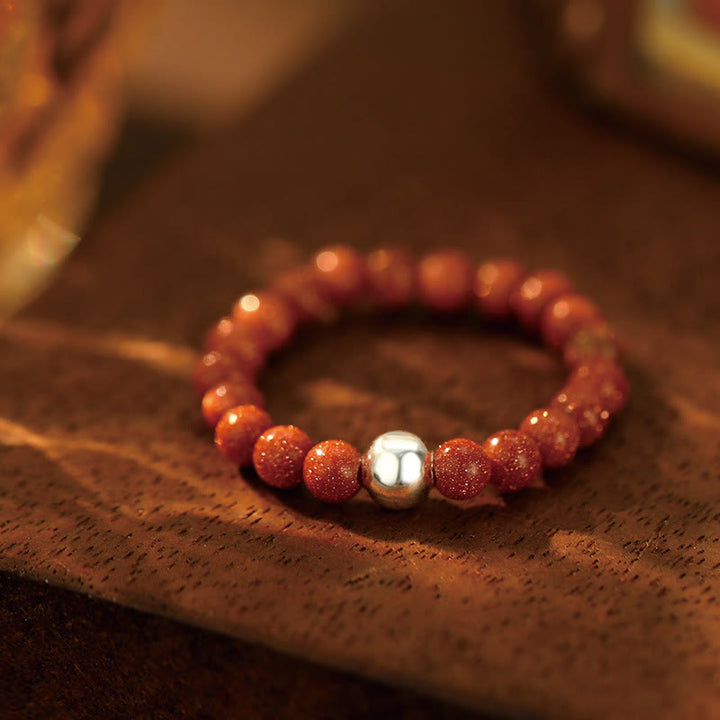 Buddha Stones 925 Sterling Silver Crystal Beads White Jade Black Onyx Blessing Elastic Ring - Goldstone - Elastic String - image 11