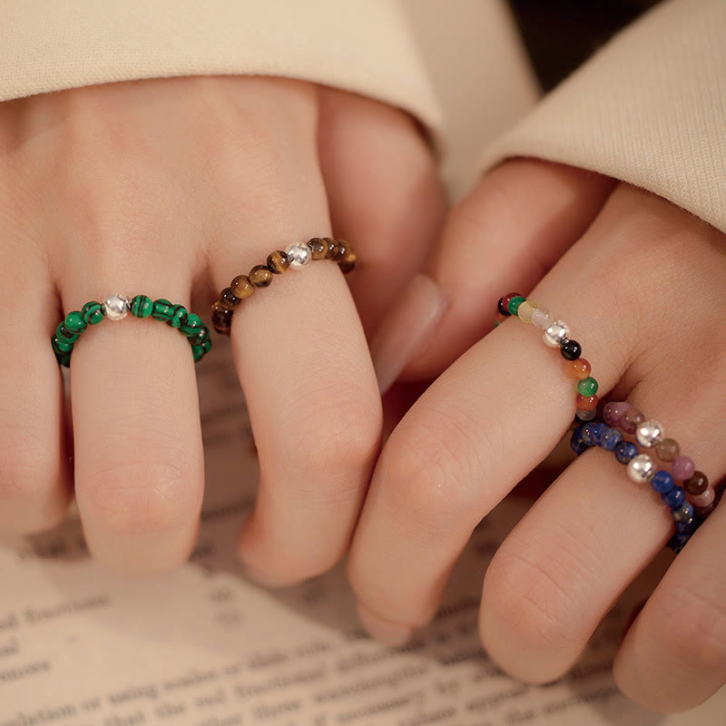 Buddha Stones 925 Sterling Silver Crystal Beads White Jade Black Onyx Blessing Elastic Ring - image 16