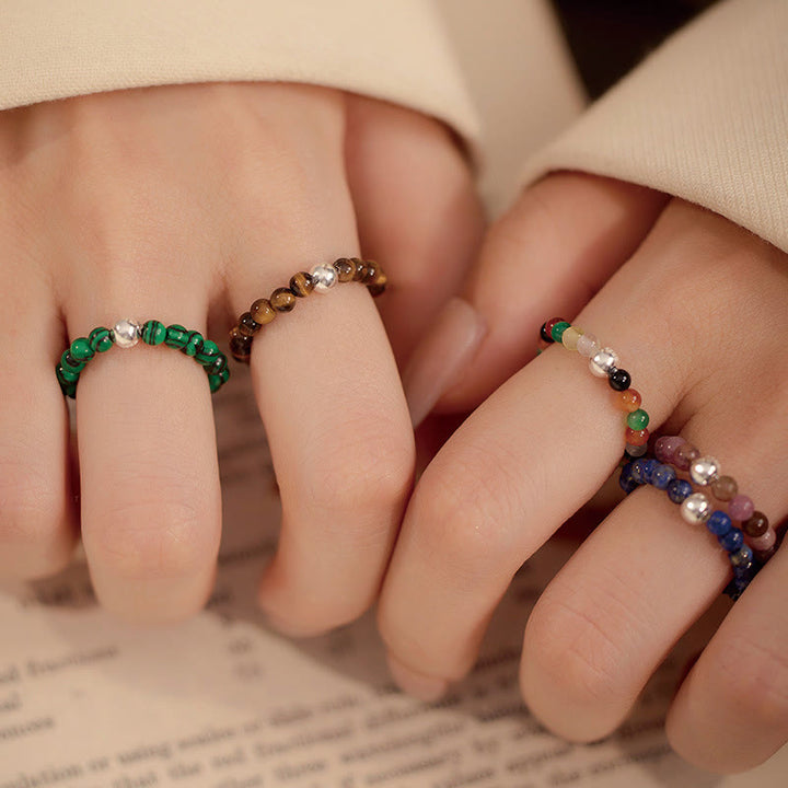 Buddha Stones 925 Sterling Silver Crystal Beads White Jade Black Onyx Blessing Elastic Ring - image 16