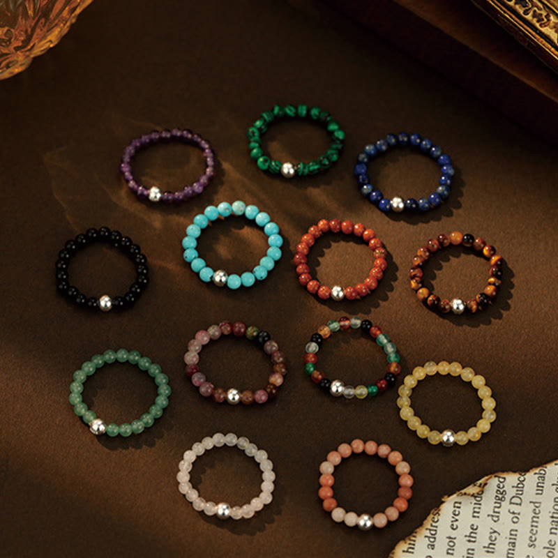 Buddha Stones 925 Sterling Silver Crystal Beads White Jade Black Onyx Blessing Elastic Ring - image 38