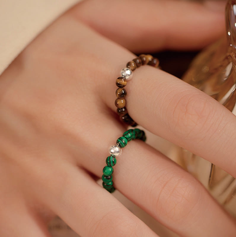 Buddha Stones 925 Sterling Silver Crystal Beads White Jade Black Onyx Blessing Elastic Ring - image 14